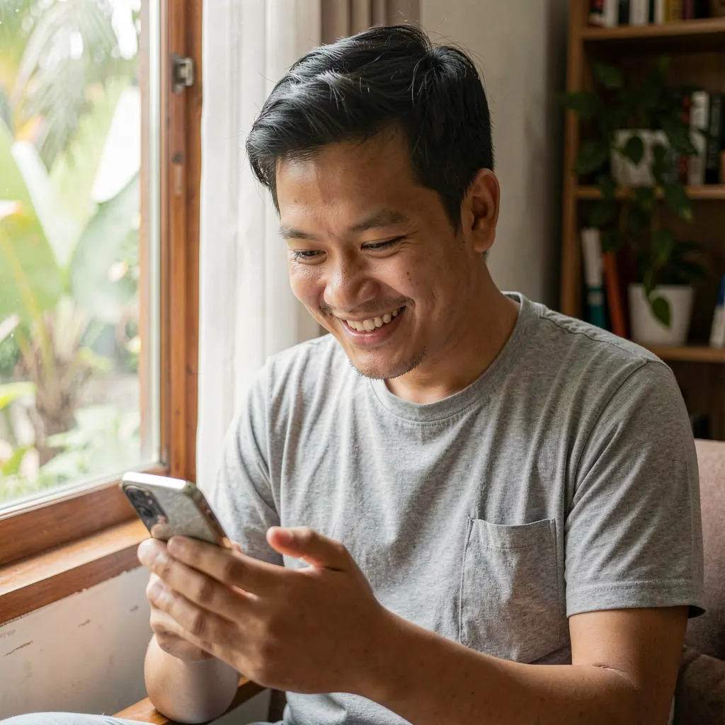 Smiling Filipino man holding his smartphone and using the GOGOPHP app in a bright and natural home environment