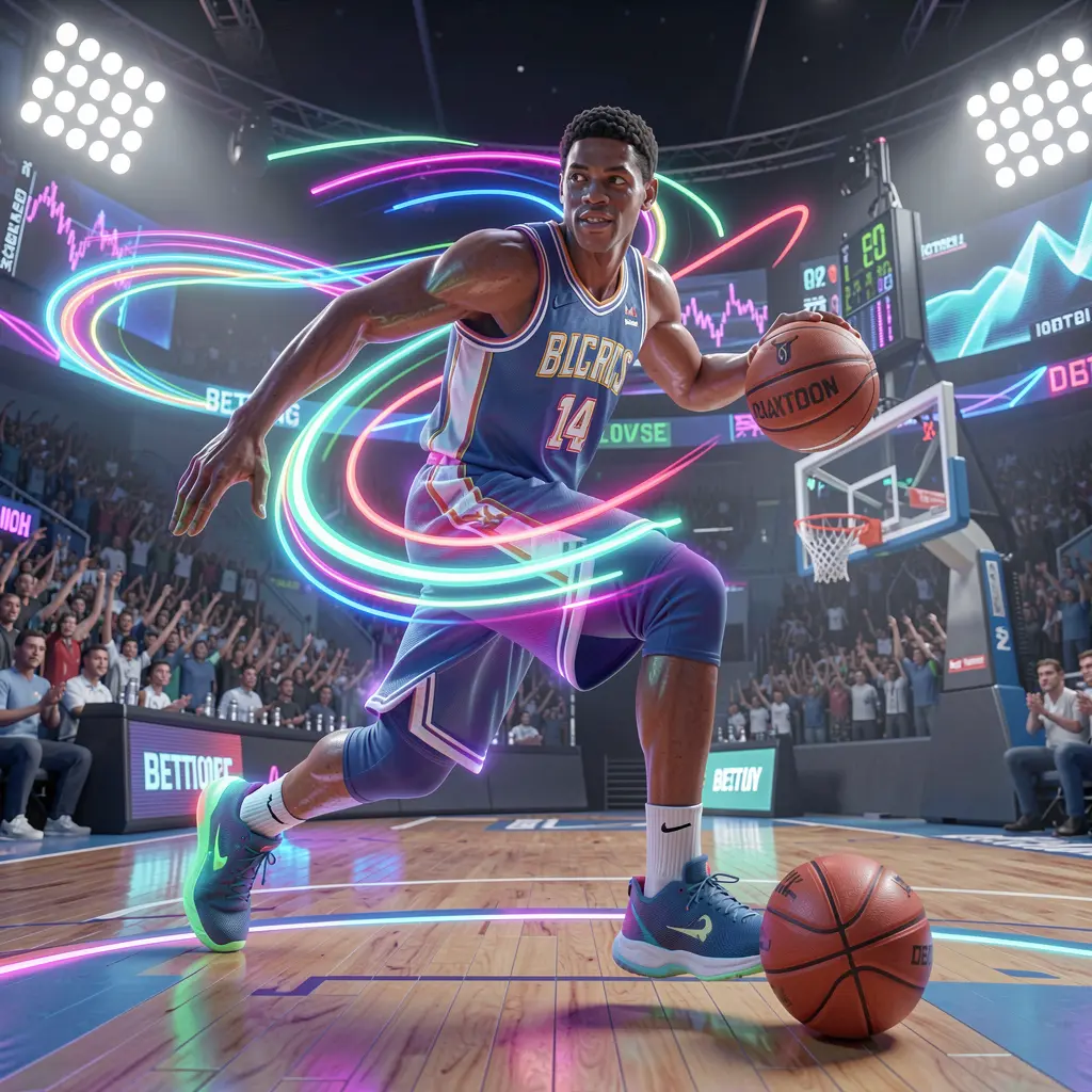 Dynamic neon basketball player mid jump shot with glowing trail and stadium lights representing fast paced sports betting on GOGOPHP in the Philippines