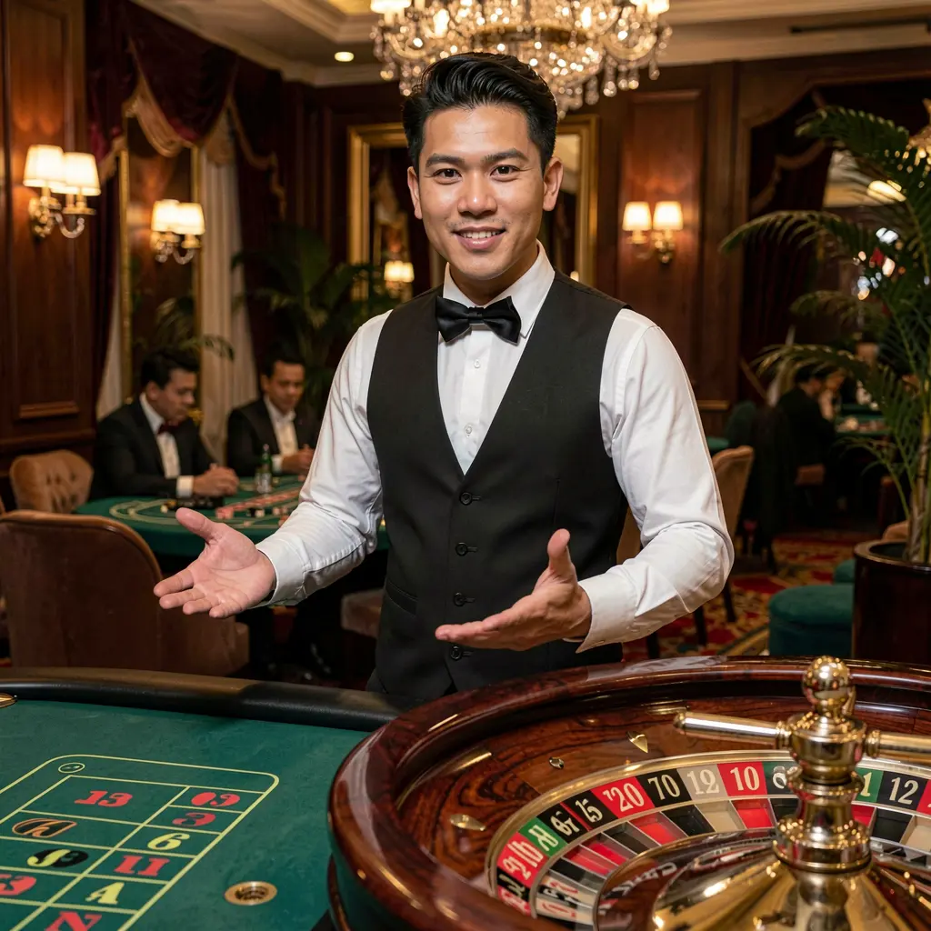 Confident live casino dealer standing by a roulette table in a luxury studio on GOGOPHP, highlighting authentic live dealer games for players in the Philippines