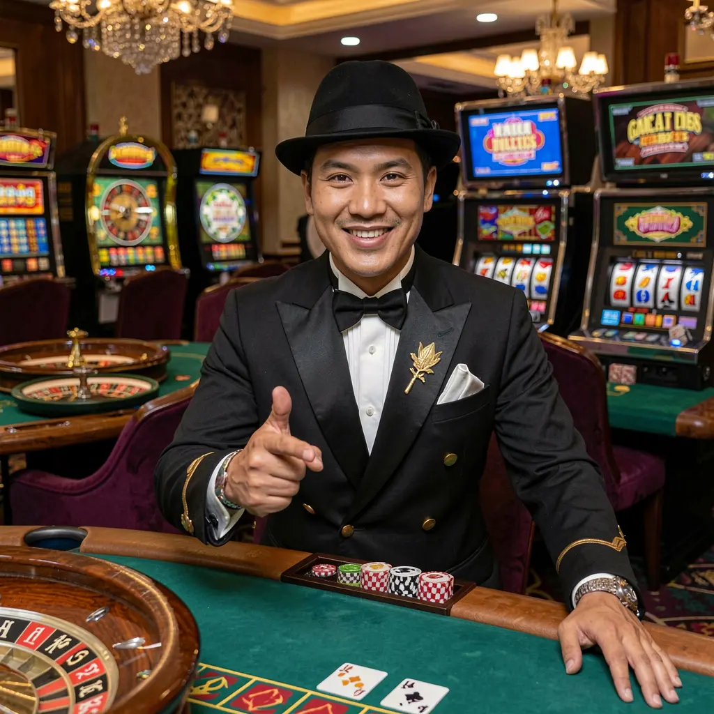 Confident Filipino casino dealer welcoming players to log in with glowing slot machines and roulette behind him on GOGOPHP